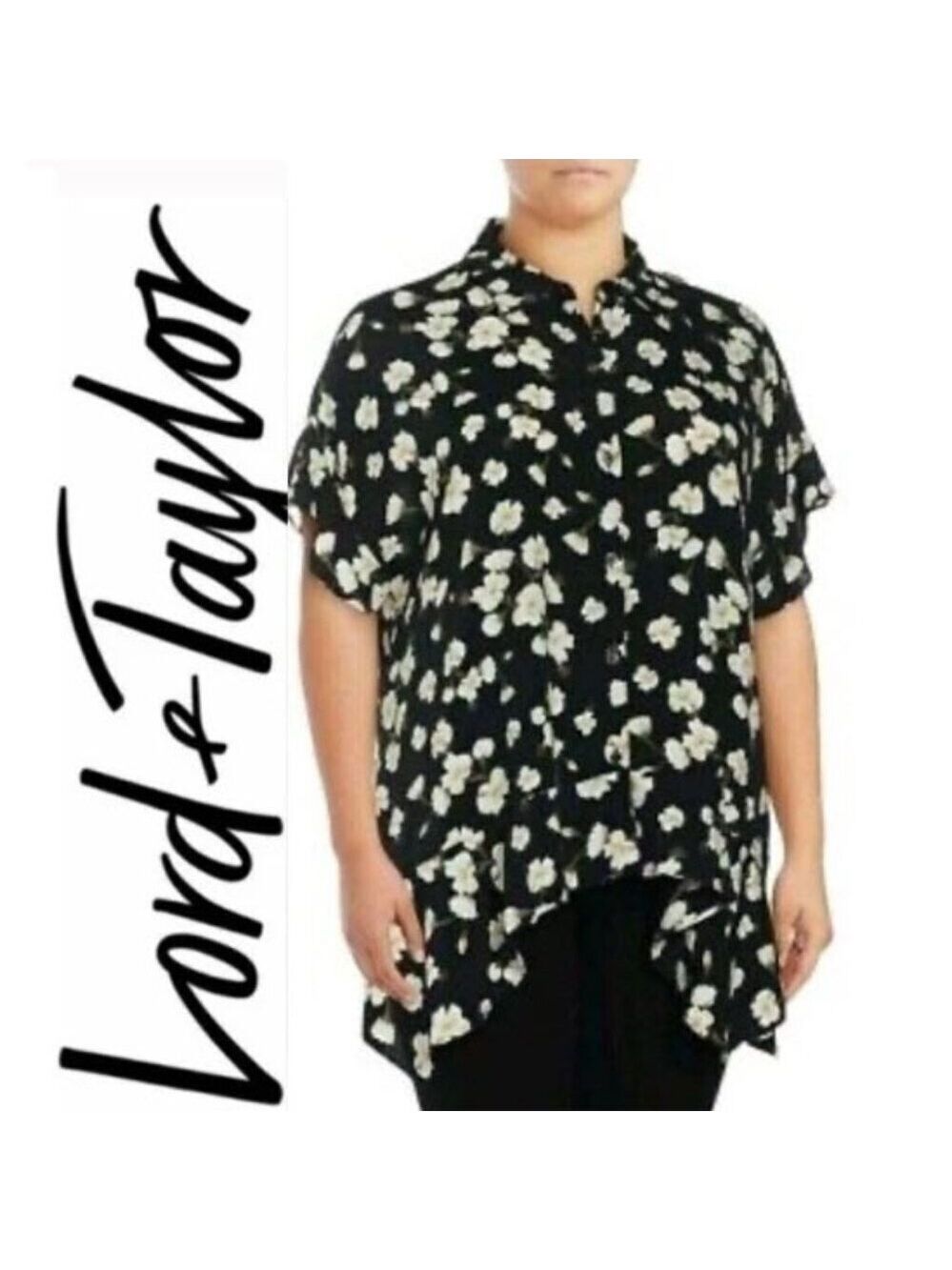 Lord & Taylor Floral Black Blouse Tunic Size Large Work Wear Coastal Flowy Relax